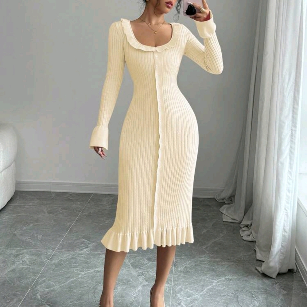 Women Plain Color Long Sleeve Ruffled Hem Bodycon Dress